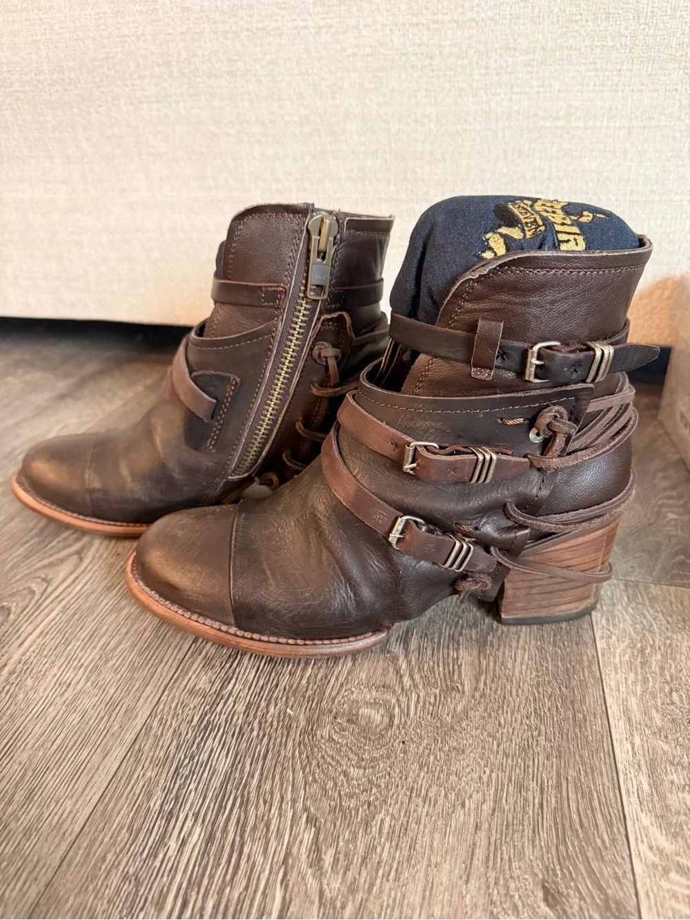freebird Brown Leather Strappy Ankle Booties